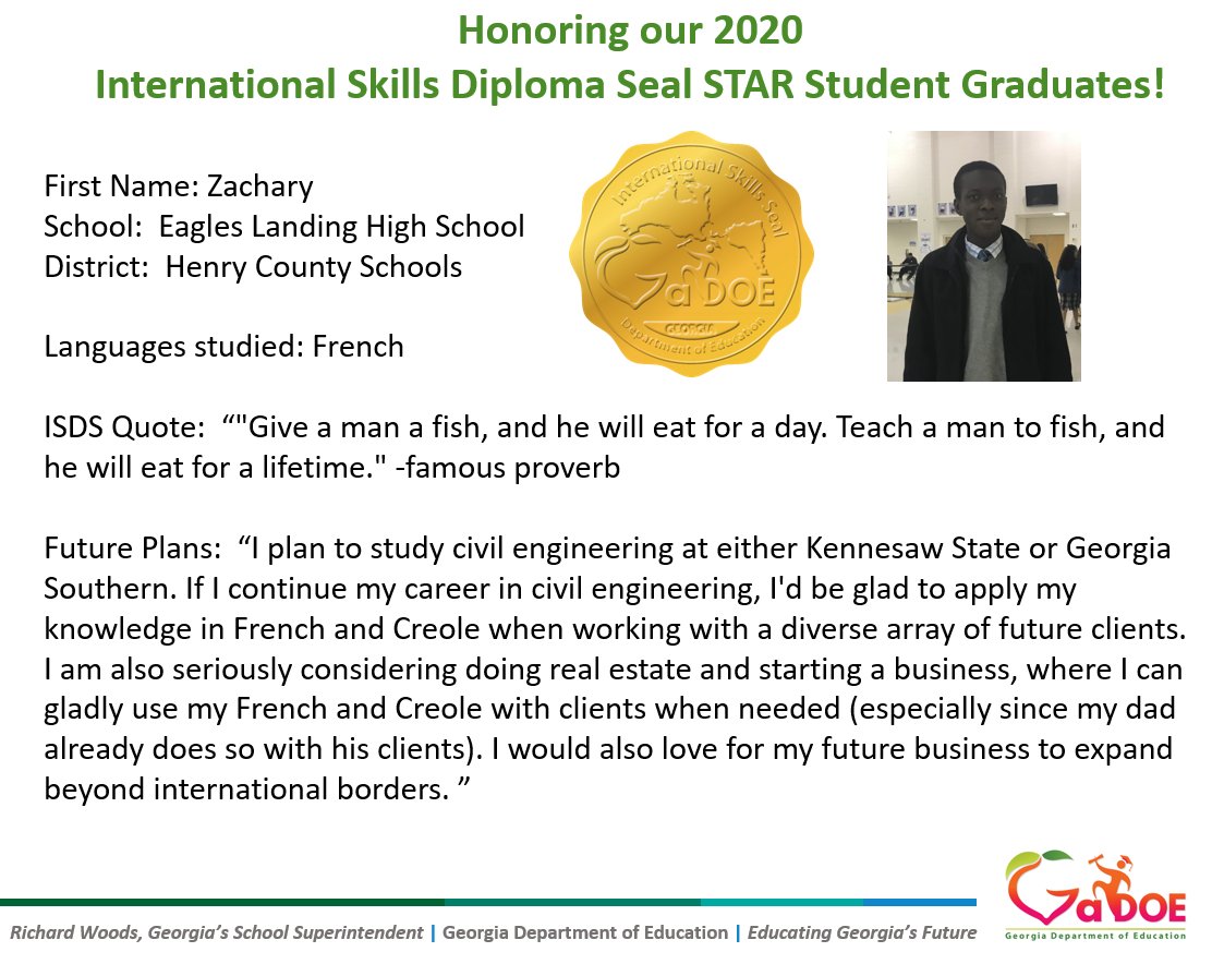 gadoeworldlang's tweet photo. Congratulations Zachary! We are super proud of your accomplishments and wish you much success in the future! #FrenchInFocus #GlobalReady #PeopleConnector @georgiadeptofed @SuptWoods @WorldLang_HCS @HenryCountyBOE @LearnInHenry @SuptWoods @KSUOwlNation @GeorgiaSouthern @AATFrench https://t.co/krpqxDnAjU