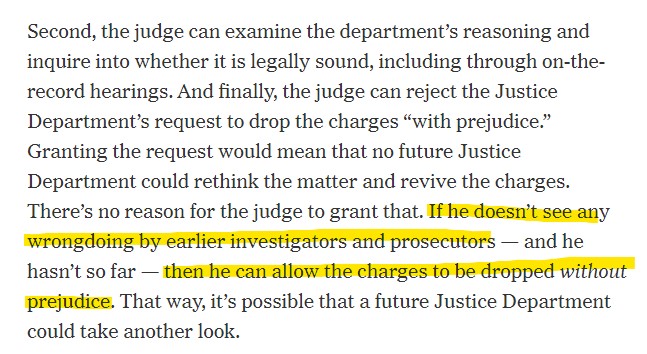 Katyal suggests that Judge Sullivan should convert the motion from a motion to dismiss *with* prejudice to one *without* prejudice.This is legal jargon that determines whether a future DOJ could bring back these charges.