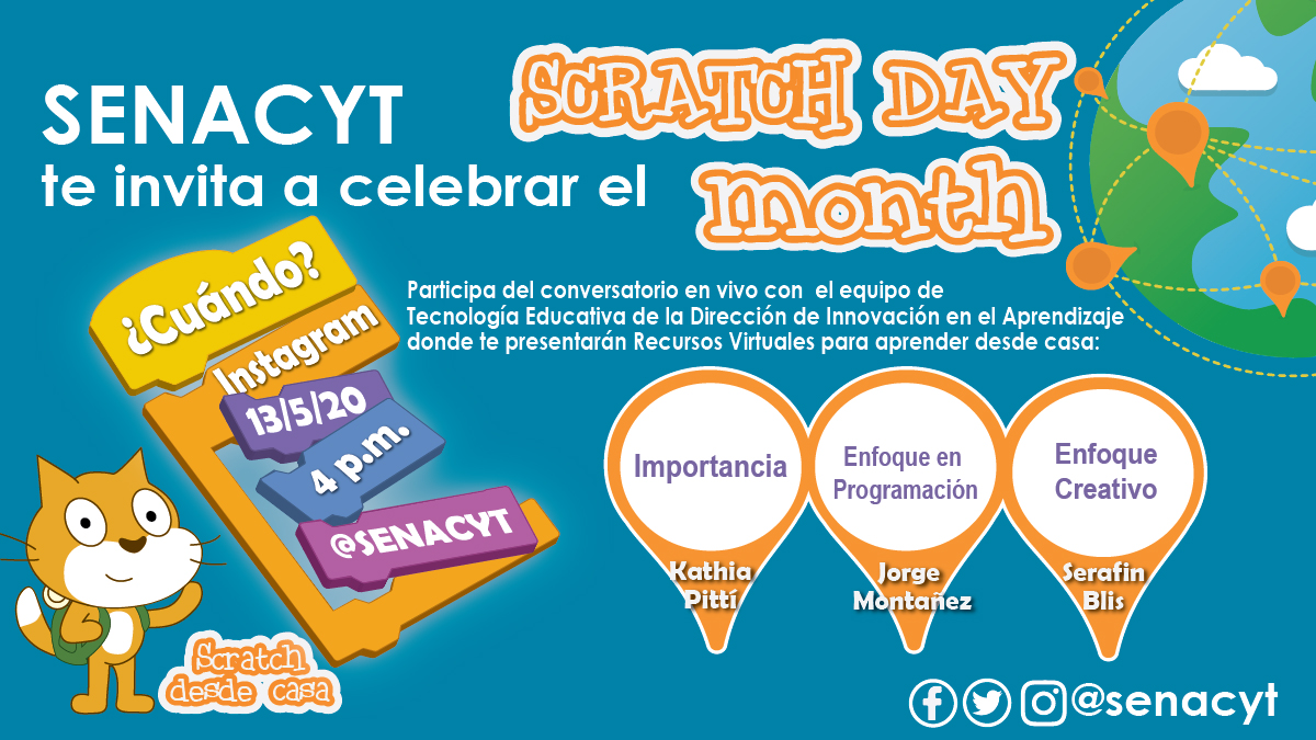 senacyt's tweet photo. 📢Mañana, 13 de mayo a las 4:00pm tienes una cita con nosotros en nuestro live de instagram @senacyt. Tendremos un conversatorio sobre los diversos recursos virtuales para aprender desde casa.
🔗👉https://t.co/lYkOrBfZtq
#ScratchDayMonth #edúcatedesdecasa #scratch https://t.co/86ShK9vlJT