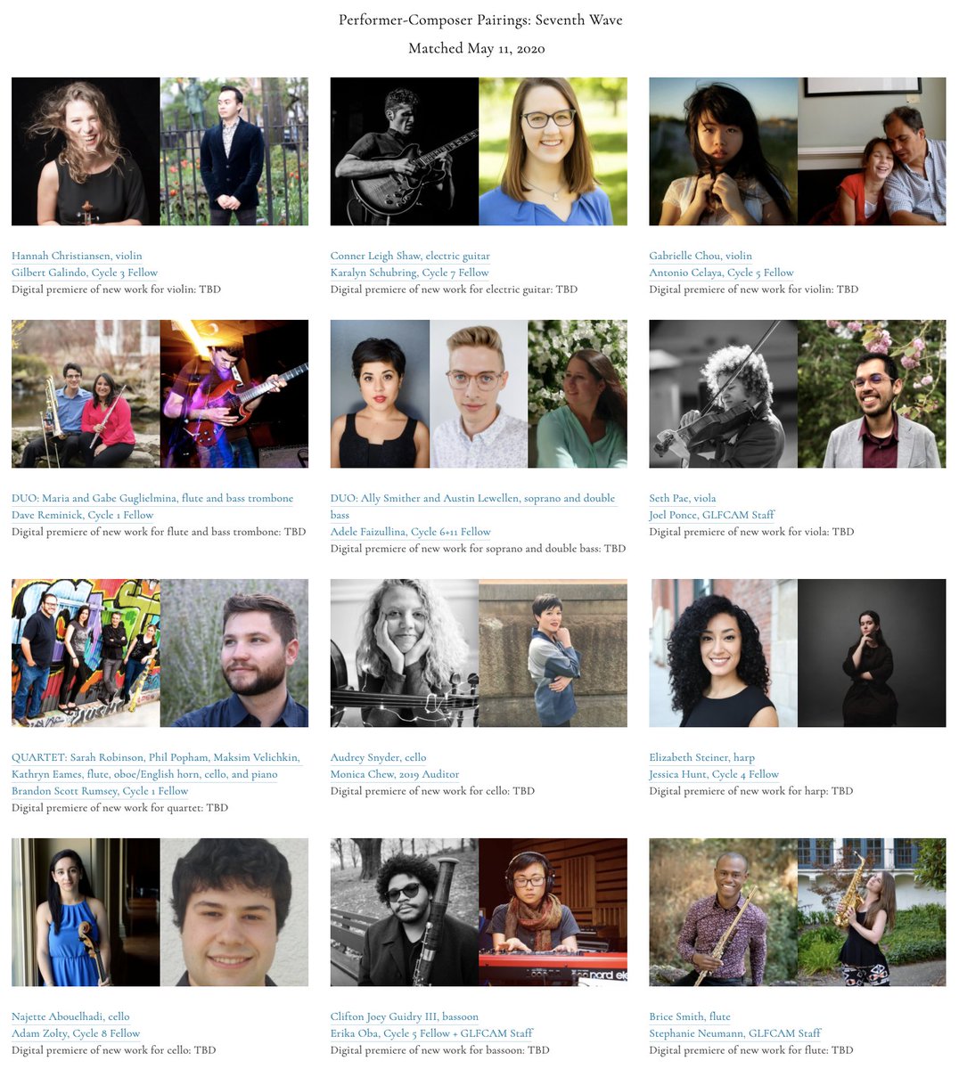 Announcing the #GLFCAMGigThruCOVID "Seventh Wave" of performer-composer pairings. Our first digital World Premieres event will take place this coming Thursday, May 14! 
glfcam.com/glfcamgigthruc…