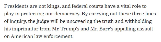 Finally, Katyal ends with a call to "protect[] our democracy."How about this.We don't prosecute men when their guilt can't be proven beyond a reasonable doubt.And we don't encourage unelected district court judges to disregard precedent to keep them in legal jeopardy.