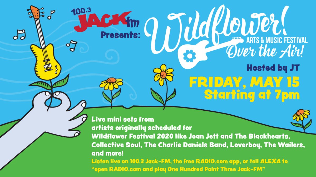 WildflowerFest's tweet photo. Tune in this FRIDAY @ 7:00 PM! Jack FM DFW is bringing America's best suburban music festival to the airwaves! Listen live on @JackFMDFW to hear mini sets from artists originally scheduled for Wildflower Arts &amp; Music Festival! @JTeespeak  #WAMFest2020 #RichardsonRocks #JackFMDFW https://t.co/Vs9j3bp9qy