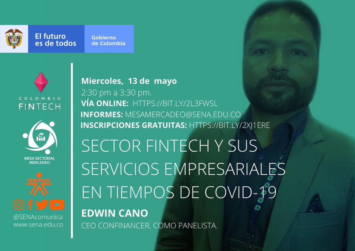 colombiafintech's tweet photo. En alianza con @SENAComunica llevaremos a cabo el conversatorio digital "Sector Fintech y sus servicios empresariales en tiempos de COVID-19". La cita es mañana, 13 de mayo 2:30 pm.

Inscripciones: https://t.co/8xQY4Wg9l8
Link de acceso: https://t.co/dSGVuftJAm

#FintechPower https://t.co/kbeiwpaD1K