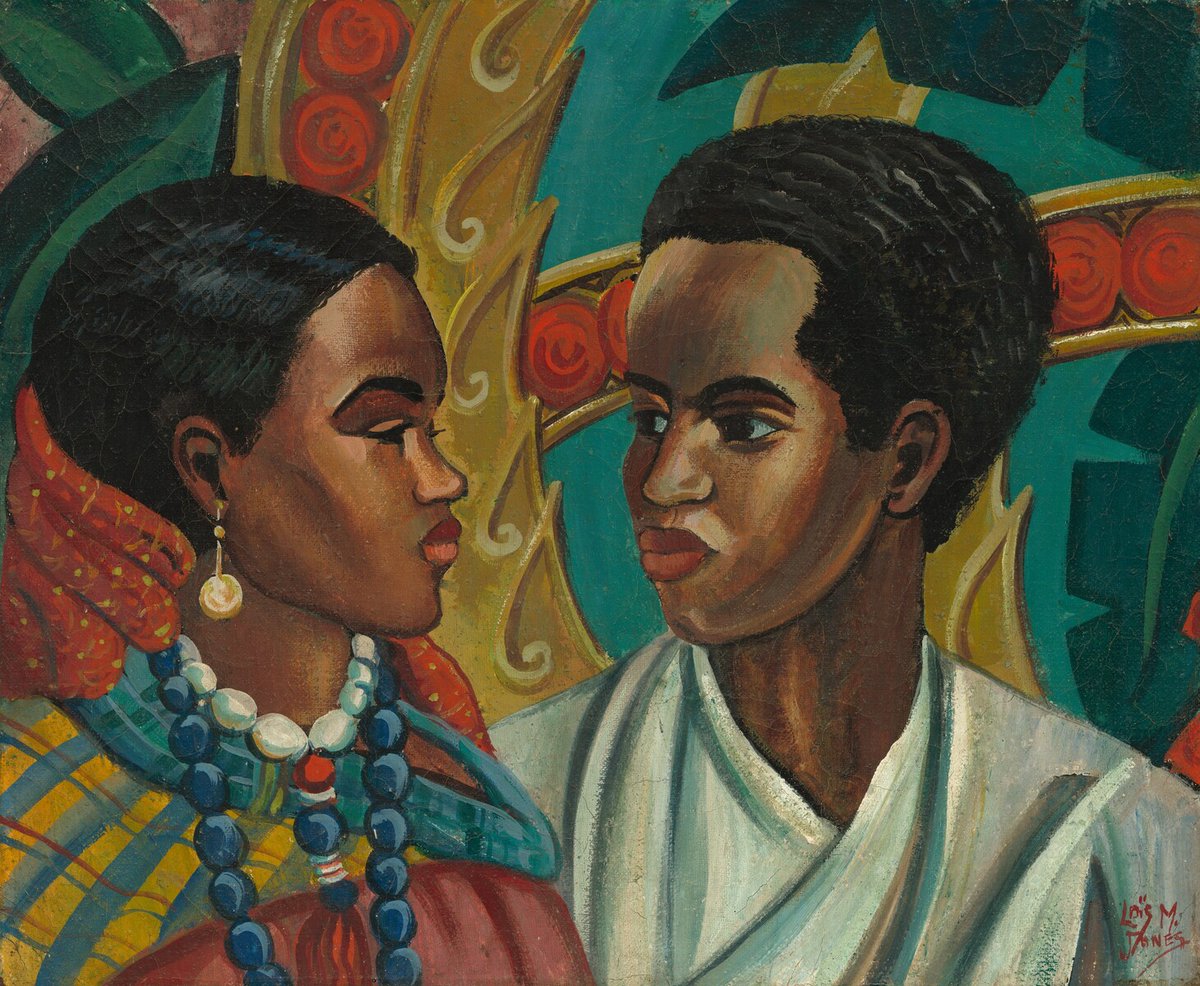 ngadc's tweet photo. Artists more commonly connected to Africa through the use of African art, particularly masks. Instead, Jones makes the connection through the couple and the patterns of their clothing. 

The painting was a wedding gift to Thurlow Evans Tibbs and Elizabeth (Moore) Tibbs. https://t.co/mMXZvmn2py