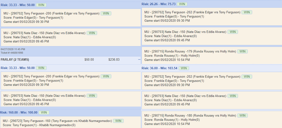 FixWhiskey's tweet photo. Some UFC 3 Sim Results #SportsSims #UFCSims #UFC #Fights #betting #parlay #AmericasCardRoom #PrimeTime https://t.co/vviNhaotXw