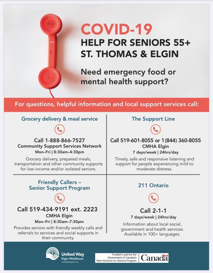 Supports for seniors in #StThomasProud + #ElginStrong incl grocery delivery, hot meals, friendly calling + mental health supports unitedwayem.ca/united-way-inv…