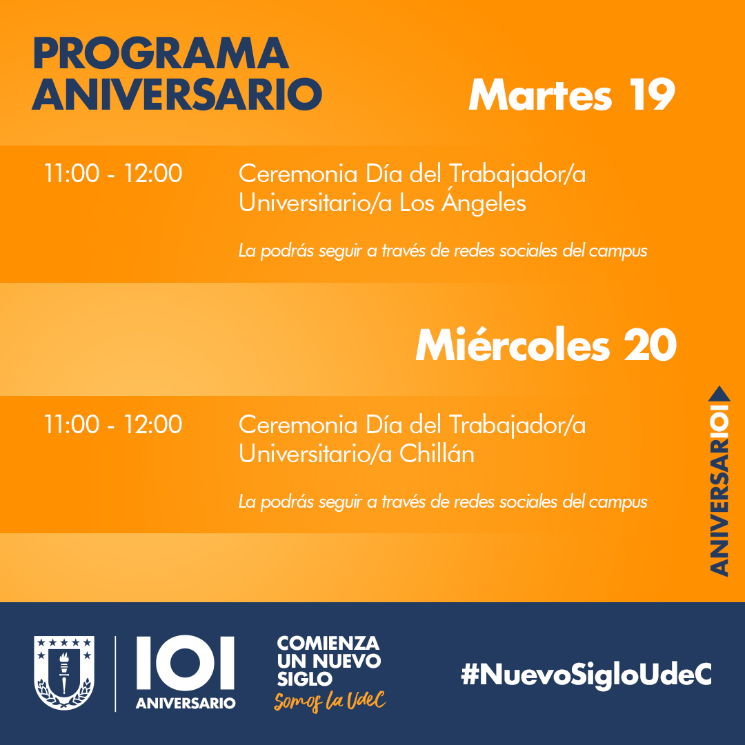 #NuevoSigloUdeC: Programación de actividades del 101º Aniversario #UdeC
Invitamos a nuestra comunidad a participar de las actividades de bienvenida al nuevo siglo de nuestra Casa de Estudios. 

📅: 14 a 20 de mayo.

¡Les esperamos!
