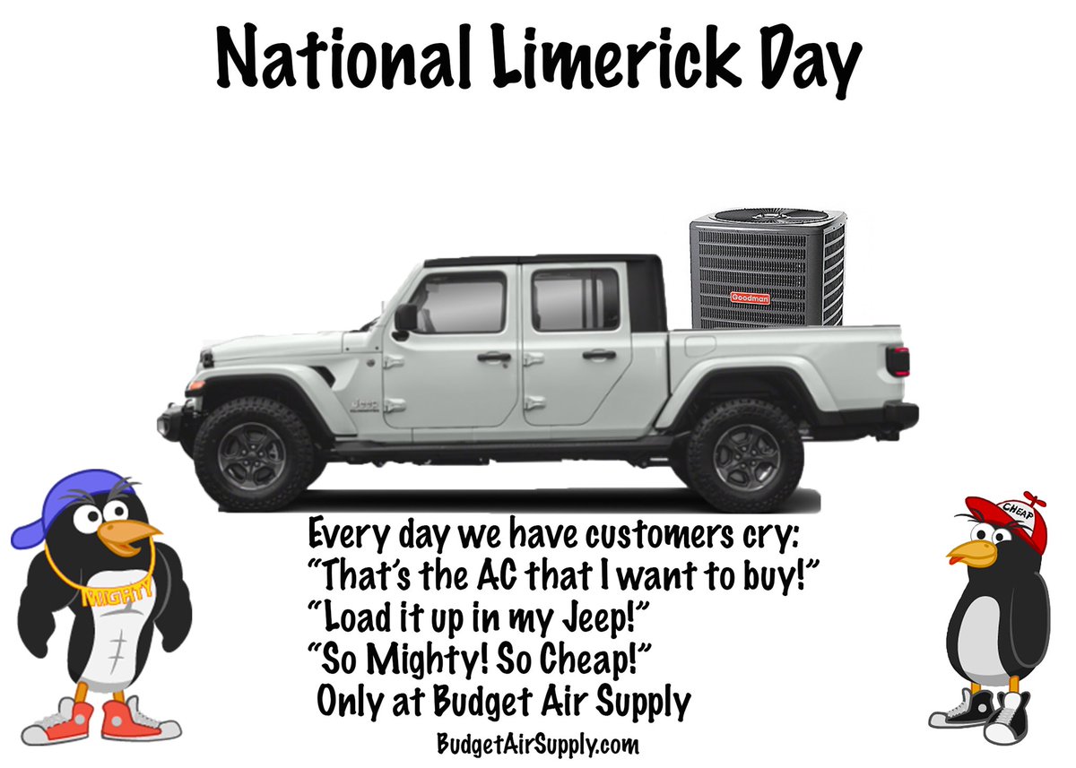 budget_supply's tweet photo. Today is National Limerick. #jeep #goodman #nationallimerickday #limerick #ac #havac #airconditioner #mightycheap @Jeep https://t.co/IP2hbtBdFE