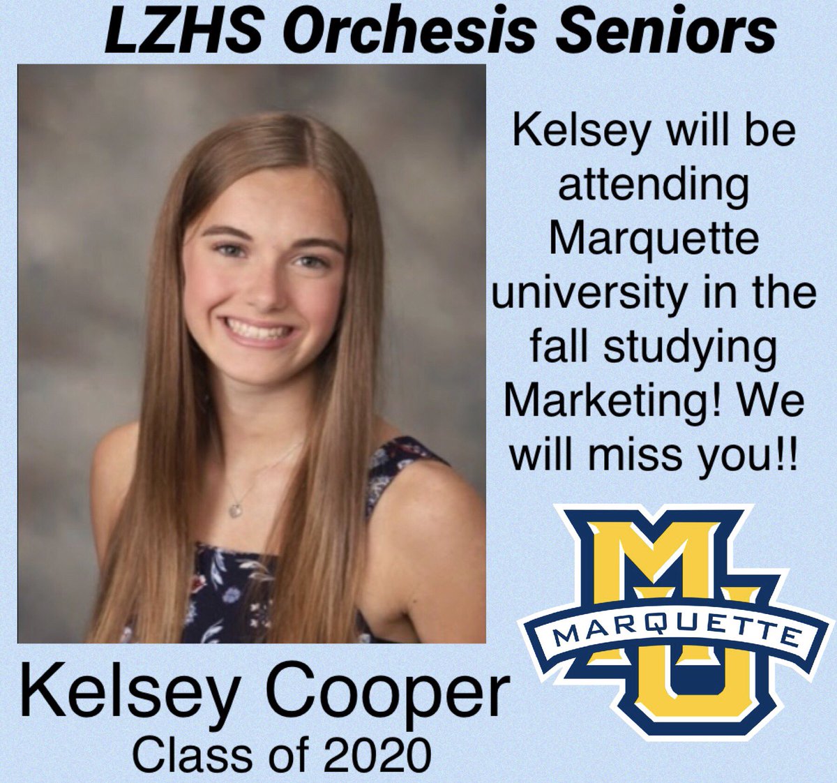 LzhsO's tweet photo. Our next senior shoutout goes to Kelsey Cooper!! We wish her all the best at Marquette University!! https://t.co/qHlQgxj7PZ