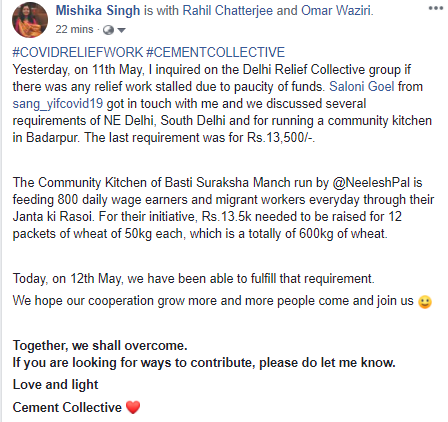 mishikasingh's tweet photo. #COVIDRELIEFWORK #CEMENTCOLLECTIVE
Together, we shall overcome.
If you are looking for ways to contribute, please do let me know.
Love and light
Cement Collective ❤️
@Omarwaziri @RahilChatterjee @sally150898 @sang_ashoka https://t.co/mr6J5IIm8a