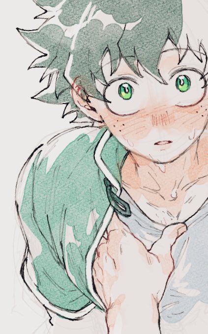 midoriya izuku male focus freckles 1boy green eyes green hair blush shirt  illustration images
