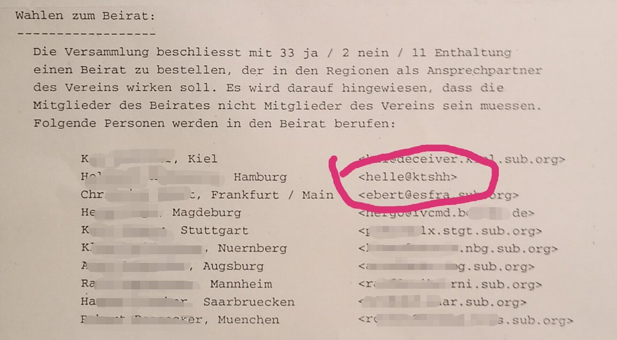 fpfka's tweet photo. Du sitzt einem wirklich alten Internetverein vor, wenn im Protokoll der Hauptversammlung mit der letzten Satzungsänderung beim Amtsgericht noch undomainisierte Mailadressen vorkommen. 😍 Mapbasiertes 😍 Routing.  #Subnetz https://t.co/GZXVmQ7huD