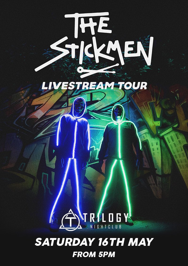 This Saturday join us Live from 5pm... 🥁🥁

THE STICKMEN LIVESTREAM TOUR!! 
 
Turn it up load &amp; enjoy 🔊 #trilogyblackpool #blackpool