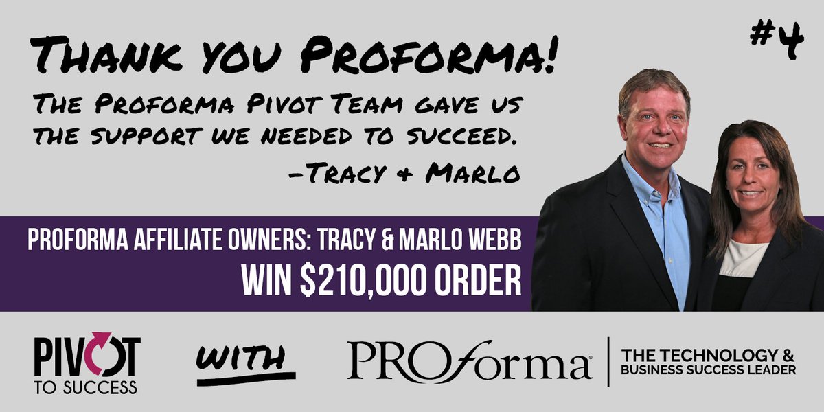 Proforma's tweet photo. โThank you to The Proforma Pivot Team for helping us win this major $210,000 order! Your guidance and expertise gave us the support we needed to succeed.โ โ Tracy & Marlo Webb. #TheProformaPivotTeam continues to help our Members #PivotToSuccess. #ThankYouProforma #OnlyProforma https://t.co/q8UWZOyzXZ