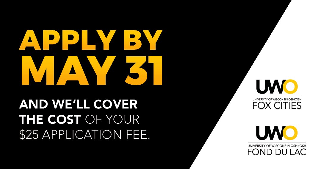 Calling all future college students! 📣📣

Now through May 31, we will cover the cost of your UW System application fee when you apply to the Fox Cities or Fond du lac Campuses of UWO. Get started today at uwo.sh/access.

Fees will be paid for by UWO internal funding.