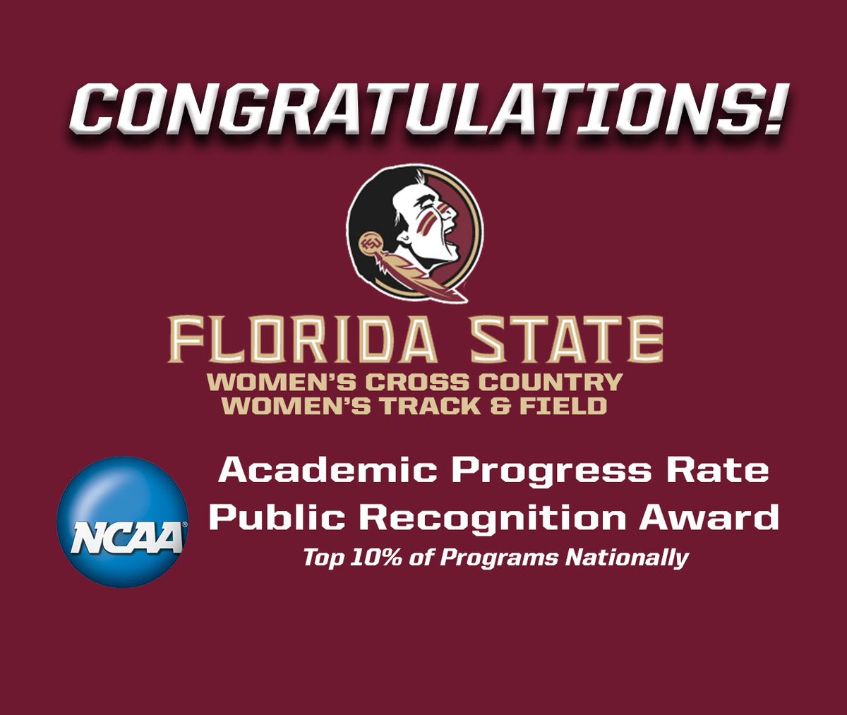 FSUXC's tweet photo. For the 5th consecutive year the women’s cross country team earned an APR Public Recognition Award ranking in the top 10% nationally ... and joined for the first time by the women’s track &amp; field team! https://t.co/M3hmrdJET5