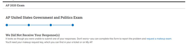 CollegeBoard's tweet photo. If you see this screen with the message “We Did Not Receive Your Response(s),” it means your AP Exam answers were NOT successfully submitted, and you should request a makeup at https://t.co/xiizrJahZb. https://t.co/f3P3YiLK1W