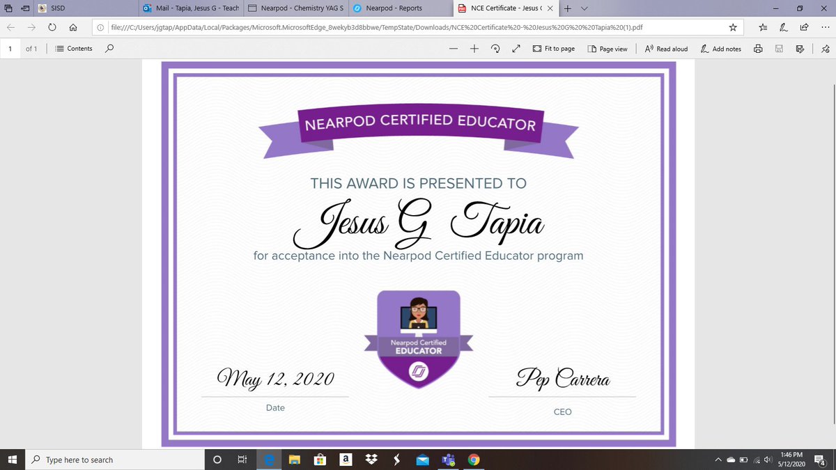 jgtchemnerd's tweet photo. Booya!! Got it done! Super excited! @EDAztecs_HS @sferna0982 @nearpod #TeamSISD #AztecEmpire #NearpodCertified https://t.co/jR3YeRaoD0