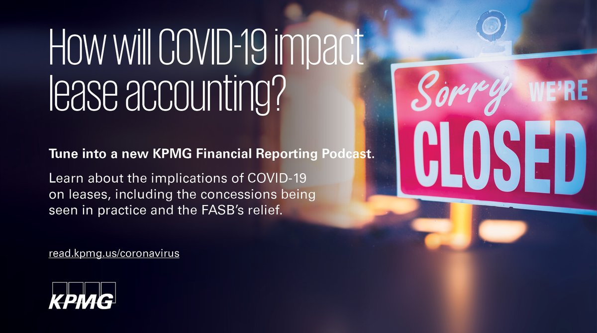 jackie_daylor's tweet photo. .@KPMG_US specialists discuss some of the financial reporting implications of the impacts of #COVID-19 on leases, including concessions and the #FASB relief in our latest #Podcast. Listen now. #Audit #coronavirus
https://t.co/Z8YIL0tSho https://t.co/IPEUnbN1wD