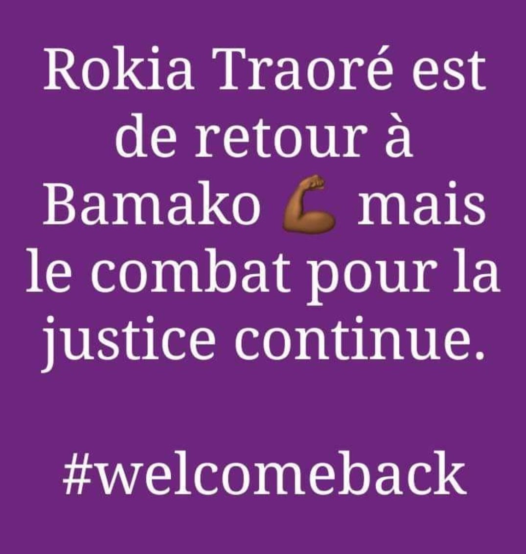Dia_Sakho's tweet photo. Notre compatriote @rokiatraore est de retour à Bamako. Welcome back Lady Rose !
Bravo à tout le monde pour son implication. Le combat pour la justice continue. 
#JusticeforRokia
#FreeRokia https://t.co/GM2z5QGyY5