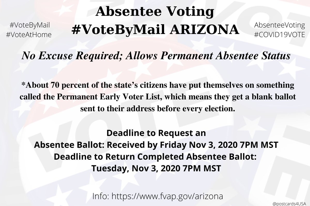 ARIZONA  #AZ  #VoteByMailNo Excuse Required; Permanent Absentee Status AllowedApplication here:  https://my.arizona.vote/Early/ApplicationLogin.aspxInfo  https://www.fvap.gov/arizona County Election Officials  https://azsos.gov/elections/voting-election/contact-information-county-election-officials #DemCastAZ  #AbsenteeVotingTHREAD #PostcardsforAmerica