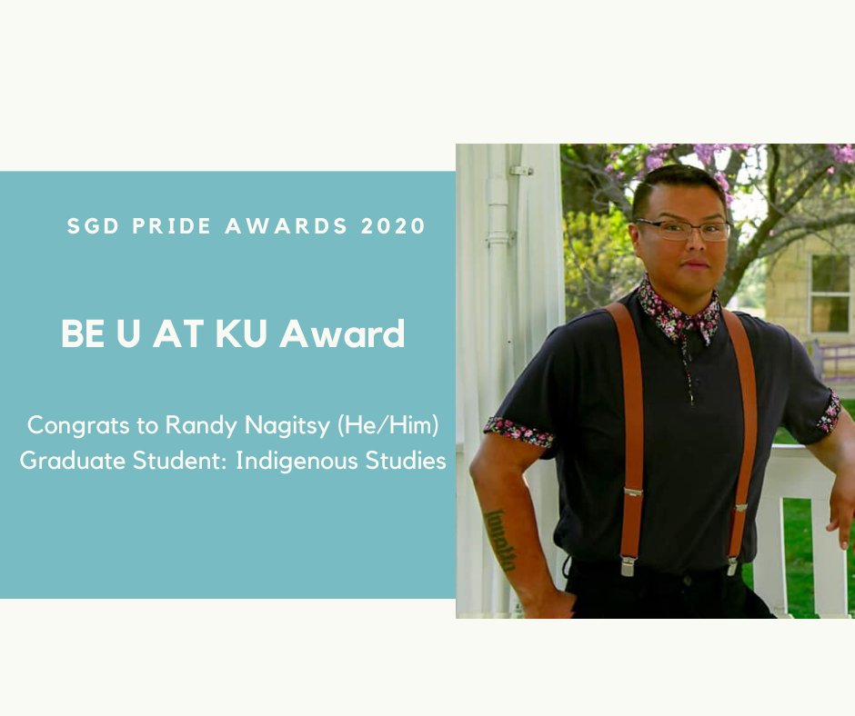 SGD_KU's tweet photo. We have 2 Graduate Award Winners! Tanay M. Adams (She/Hers) and Randy Nagitsy (He/Him)! These students have been able to support LGBTQ2+ Indigenous, Black, and Brown students at KU! Give congrats to our amazing students!! #LGBTQ #SGDatKU #Prideawards2020 https://t.co/MzT2PxdVyL