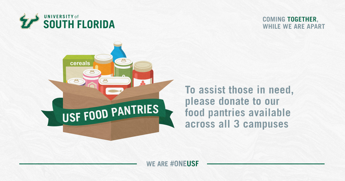 Please consider making a contribution to #USF’s Food Pantries, which provide emergency assistance to students facing food insecurity.

Drop-off Sites
Tampa: SVC Breezeway + Campus Rec
St. Pete: University Police Dept
Sarasota-Manatee: FCCI Main Rotunda

👉 bit.ly/2ye7I4B