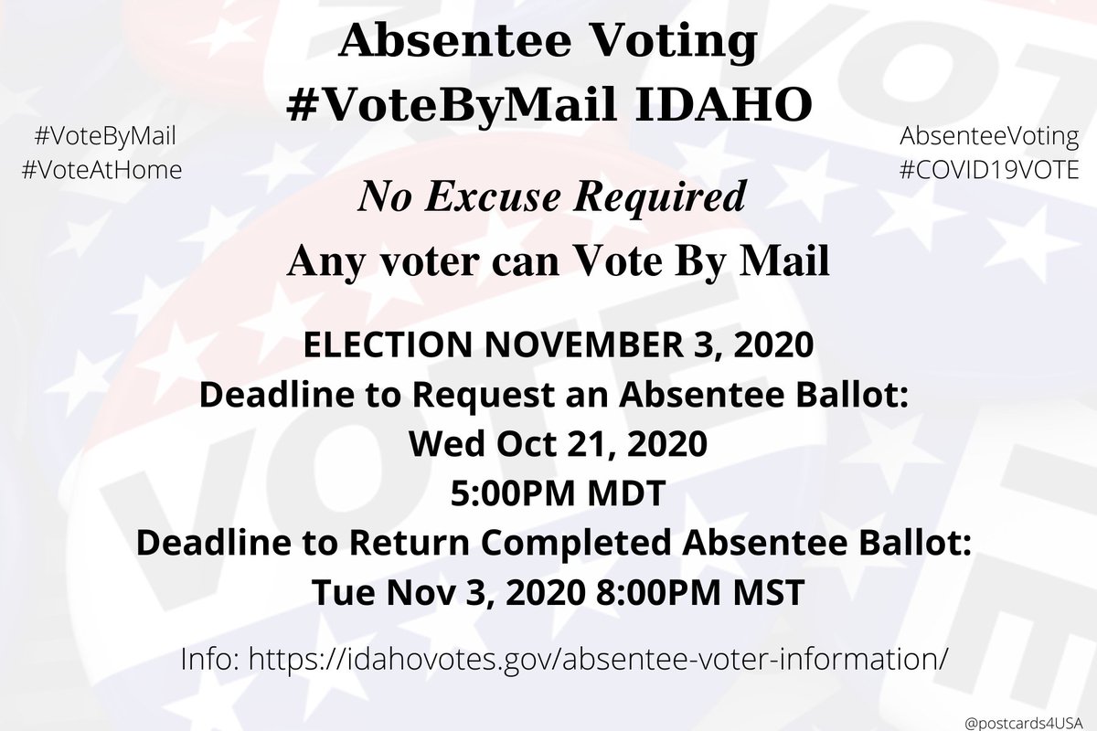 IDAHO  #ID  #VoteByMailApplication  https://sos.idaho.gov/elect/clerk/Forms/Absentee%20Request%20Form_2%20per%20page.pdfInfo  https://idahovotes.gov/absentee-voter-information/County Clerk Addresses  https://idahovotes.gov/county-clerks/  #AbsenteeVoting  #DemCastID THREAD #PostcardsforAmerica