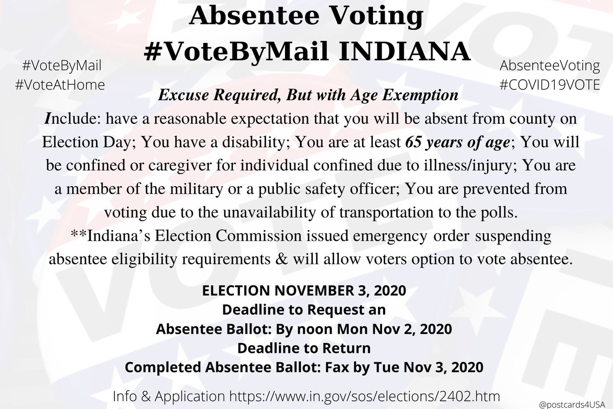 INDIANA  #IN  #VoteByMailInfo & Application  https://in.gov/sos/elections/2402.htmCounty Boards of Election  https://indianavoters.in.gov/CountyContact/Index*Primary Postponed to June 2 #AbsenteeVoting  #DemCastIN THREAD #PostcardsforAmerica