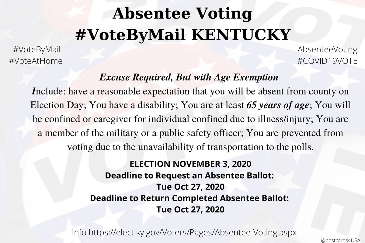 KENTUCKY  #KY  #VoteByMailInfo  https://elect.ky.gov/Voters/Pages/Absentee-Voting.aspxBallots can only be obtained through County County Clerks. Find yours here:  https://elect.ky.gov/contactcountyclerks/Pages/default.aspx* Primary Apply by June 16th Return by June 23rd by 6pm #AbsenteeVoting  #DemCastKY THREAD  #PostcardsforAmerica