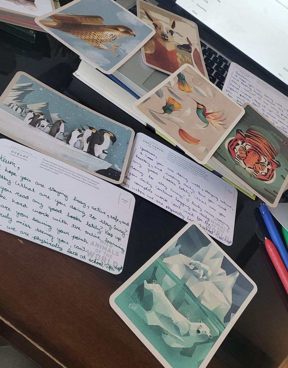 RKuzek's tweet photo. Continuing to engage students in meaningful ways during remote online learning. They are enjoying the happy mail I am sending regularly. Look at these beautiful animal postcards that were sent to my learners last week. @BrightviewEPSB #EPSB https://t.co/YNFgBcTHDz