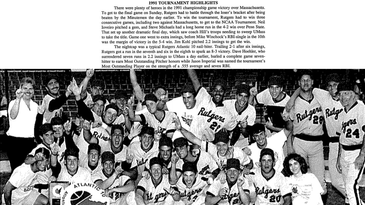 May 12, 1991

Facing elimination, Scarlet Knights defeat UMass twice to capture second-straight Atlantic 10 Tournament Championship.

Most Outstanding Player: Jason Imperial
Most Outstanding Pitcher: Dave Hoehler

#RBaseball