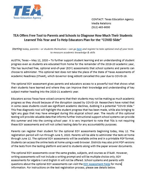 teainfo's tweet photo. PRESS RELEASE: To further support at-home learning and gain an understanding of student progress, TEA has launched free, optional end-of-year (EOY) assessments that school systems and parents can choose to administer. #txed 

Read more: https://t.co/g04W8PvWiv https://t.co/vFLzVGpUlL
