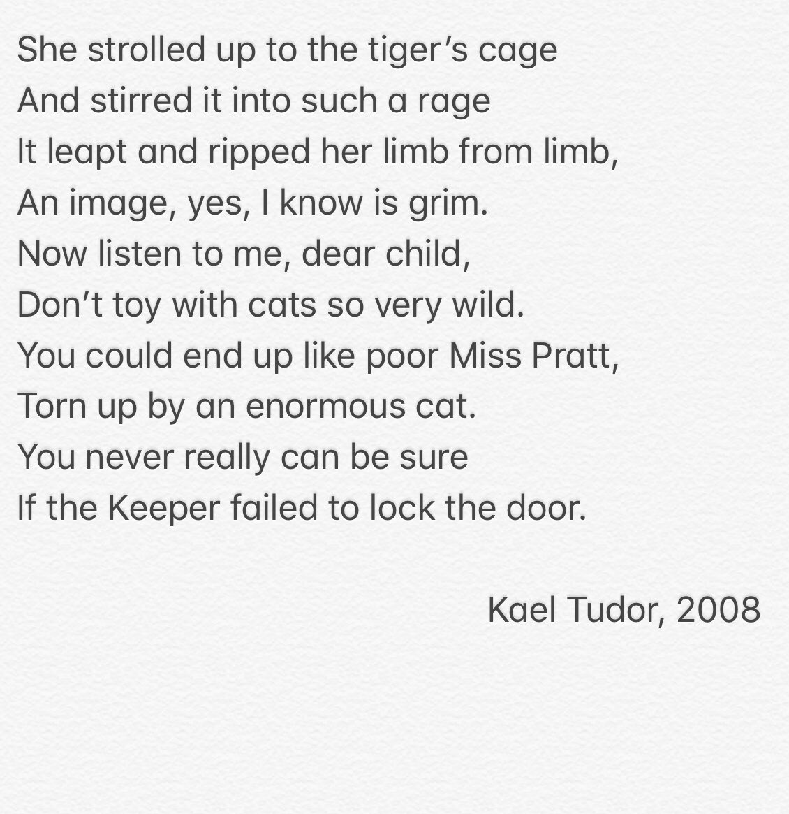 Some of the books recommended to me today and yesterday were cautionary tales, and reminded me of a little poem I wrote back in 2008(!) called The Tiger, so I thought I’d share #kidlit #cautionarytales