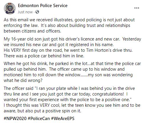 edmontonpolice's tweet photo. As this email we received illustrates, good policing is not just about enforcing the law. It’s also about building trust and relationships between citizens and officers. Please see the screenshot below for the full story. #NPW2020 #PoliceCan #WeAreEPS #yeg https://t.co/NJZv3jZiTL