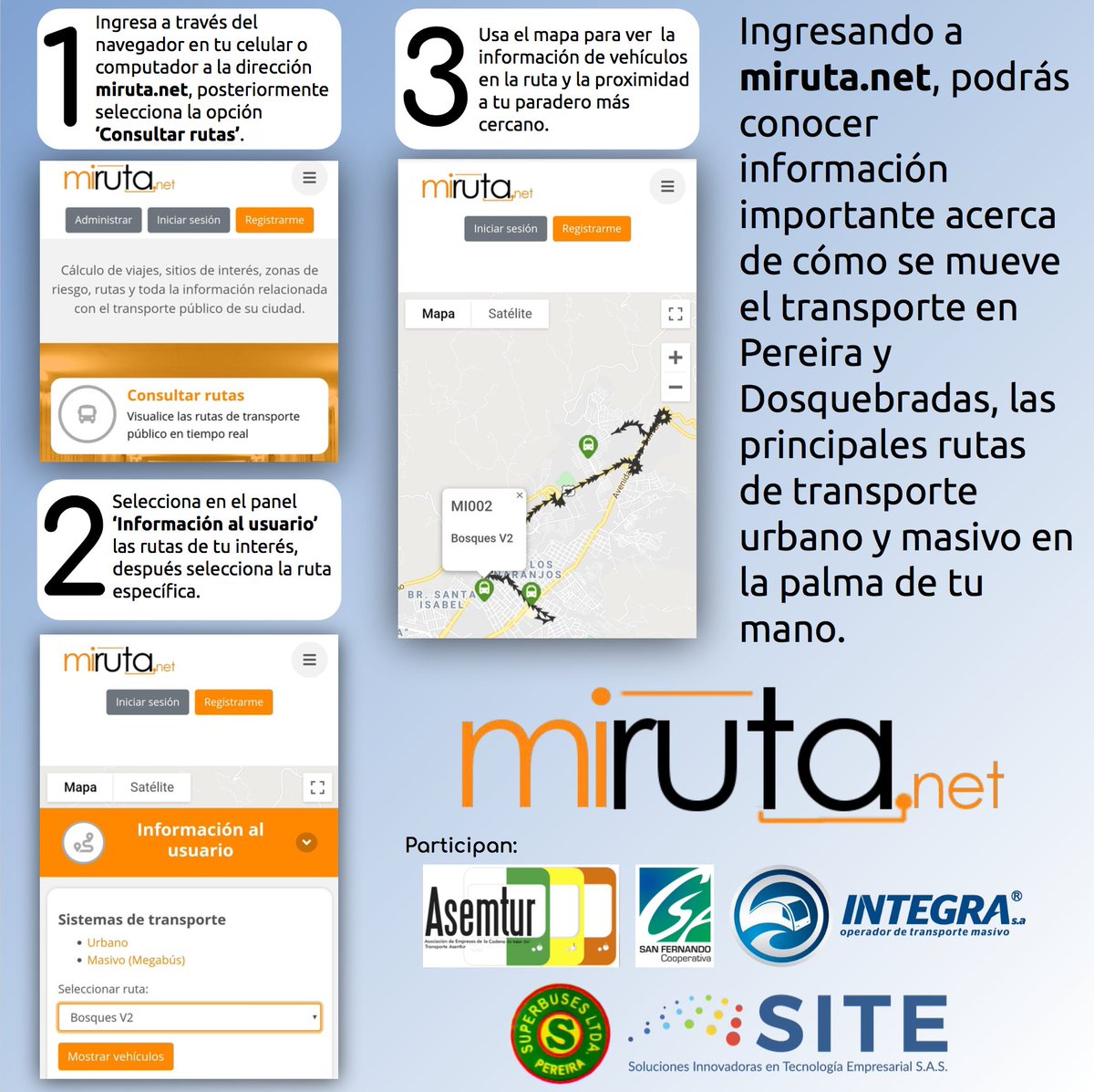 SITE_Col's tweet photo. Visita https://t.co/QwuRrDEUMw para conocer de primera mano información acerca del transporte urbano y masivo en la ciudad de Pereira y Dosquebradas. Nuestro compromiso consiste en brindar herramientas que ayuden a garantizar la seguridad de los ciudadanos 🚌⌚️👍🏼 https://t.co/eKc2VzoDwe