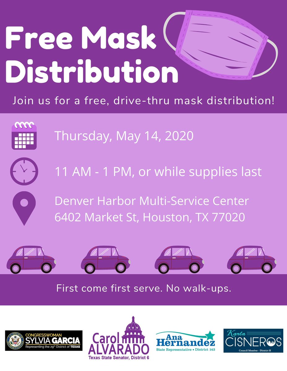 This Thursday (5/14), I'm hosting a mask distribution in #DenverHarbor. Come out and join us for free face masks &amp; other essentials. Thx to our partners <a href="/RepSylviaGarcia/">Rep. Sylvia Garcia</a>, <a href="/AnaHdzTx/">Ana Hernandez</a> &amp; <a href="/Karla4Houston/">Karla Cisneros</a>.
