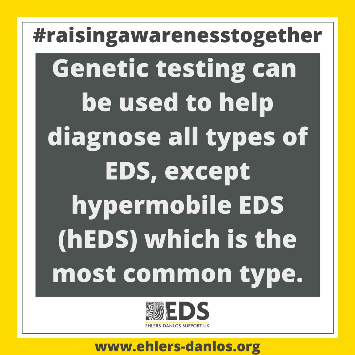 ehlersdanlosuk's tweet photo. The Ehlers-Danlos syndromes are genetic conditions. Genetic testing is available for all subtypes of EDS, except for hypermobile EDS, which can only be diagnosed on a clinical basis. The genetic cause(s) for this type have not yet been found. #raisingawarenesstogether https://t.co/SEOeBUwtFe