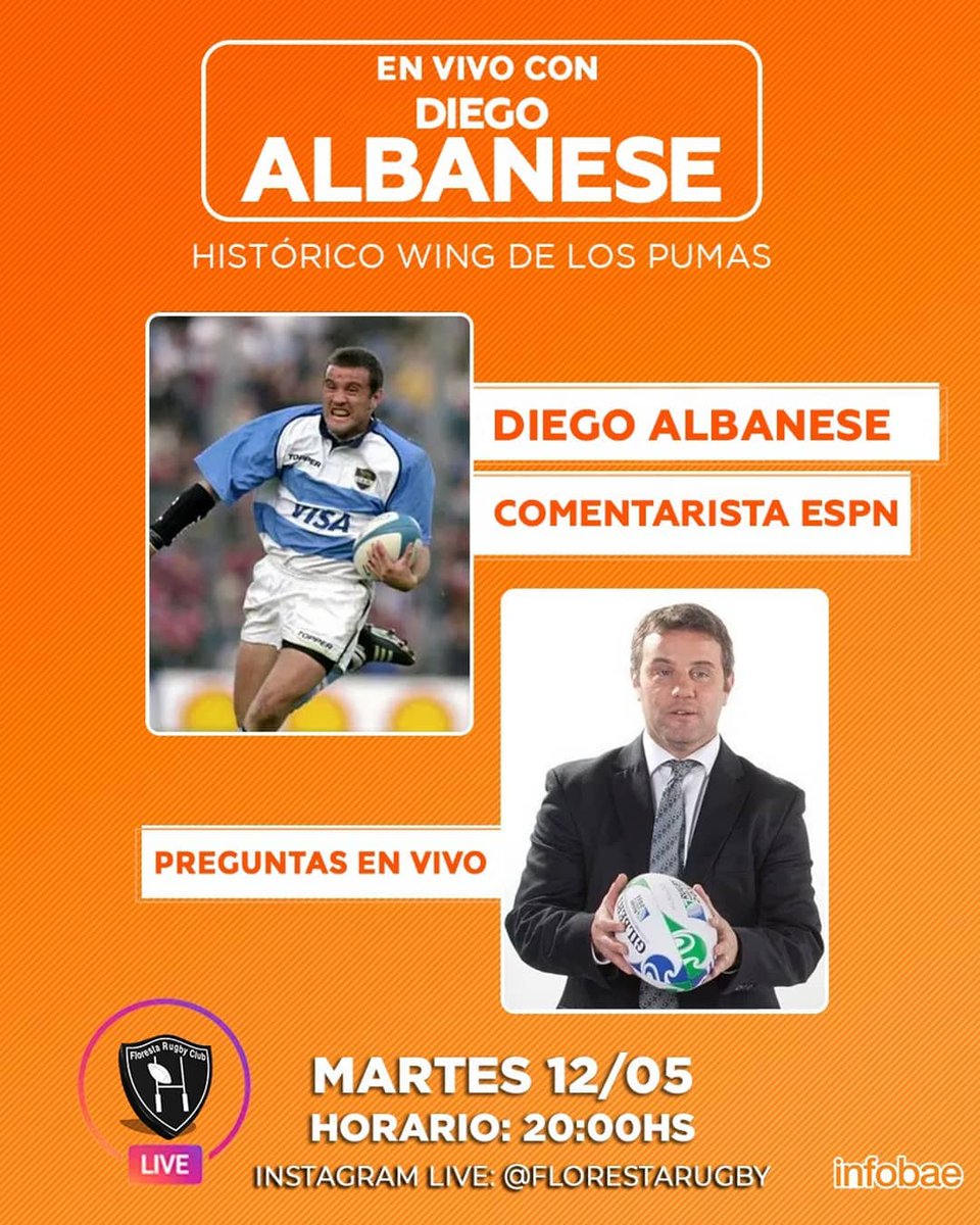 Esta noche no te pierdas la charla con <a href="/albanesediego/">Diego Albanese</a> 🙌🏽 Desde las 20hs en vivo por Instagram! 🏉
#DiegoAlbanese #FlorestaRugbyClub #Floresta #Club #Equipo #Familia #Rugby #RugbyClub #EnCasa #Cuarentena #BlancoyNegro #Infobae #InfobaeDeportes #Wings #Pumas #LosPumas
