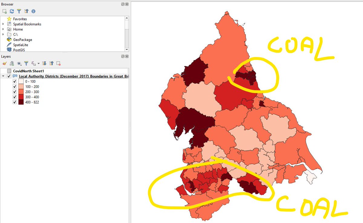 I saw it this morning. Diagnosed cases of Covid-19 by local authority in England (I just looked at the North). So I got all the data together to reproduce this map, the proposed popular interpretation of which I have reproduced in MS Paint.