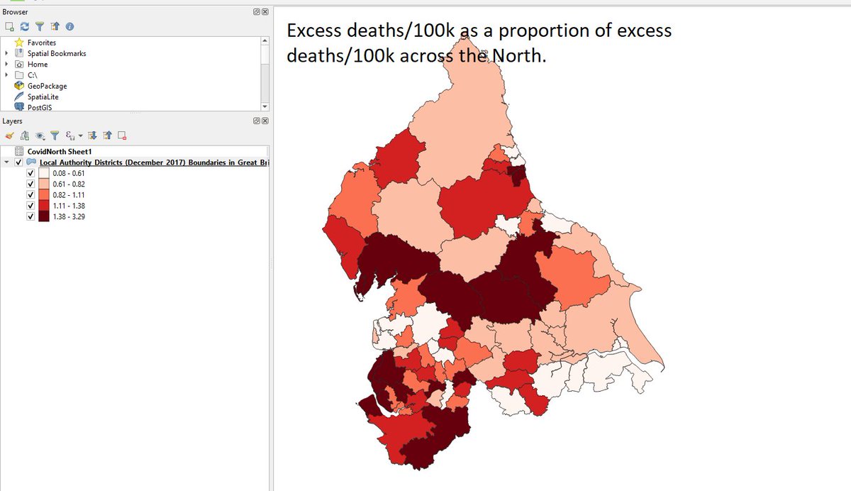 Excess deaths is the way to know where is really getting hit hardest by Covid-19. So here's my best guess at excess deaths by local authority. Much of post-industrial Yorkshire and Lancashire getting off lightly. Cheshire, Cumbria, North Yorkshire getting hit hard.