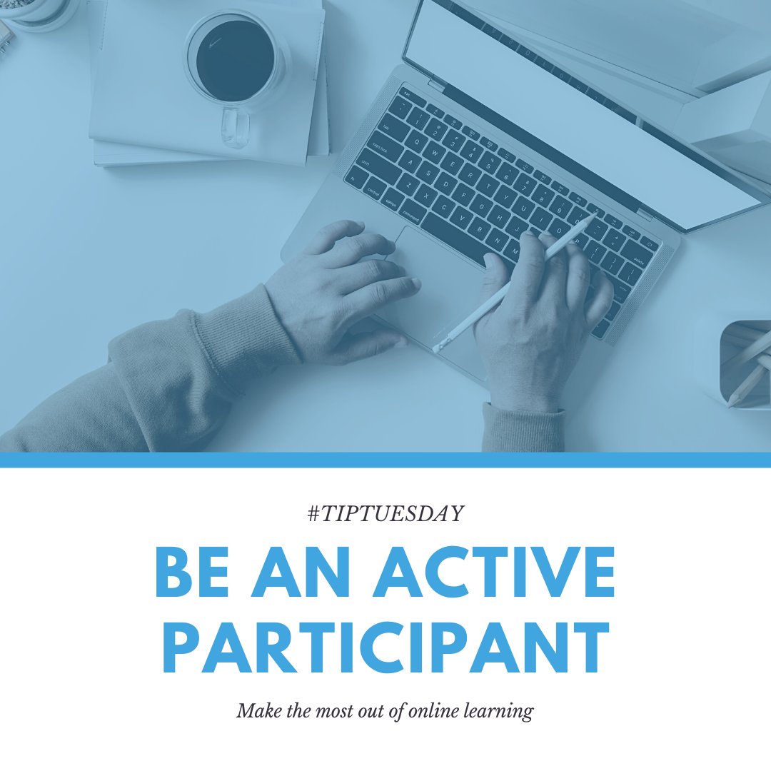 #TipTuesday

Make the most out of #onlinelearning by being an active participant. Turn off any distractions and give your instructor your full attention. Utilize the discussion box to ask questions to your instructor and other students in the class.