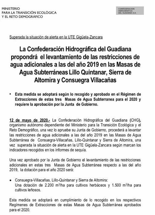 #ULTIMAHORA 
#GUADIANA
La <a href="/CH_Guadiana/">Confederación Hidrográfica del Guadiana</a> levantará los recortes de riego en las masa de agua: Consuegra-VILLACAÑAS, Lillo-Quintanar y Sierra de Altomira. Se propondrá en la Junta de Gobierno del 25 de mayo. 
Más información a las 21:00 en <a href="/elcampocmm/">elcampoCMM</a> <a href="/CMM_es/">Castilla-La Mancha Media</a> #HacemosPeriodismo
