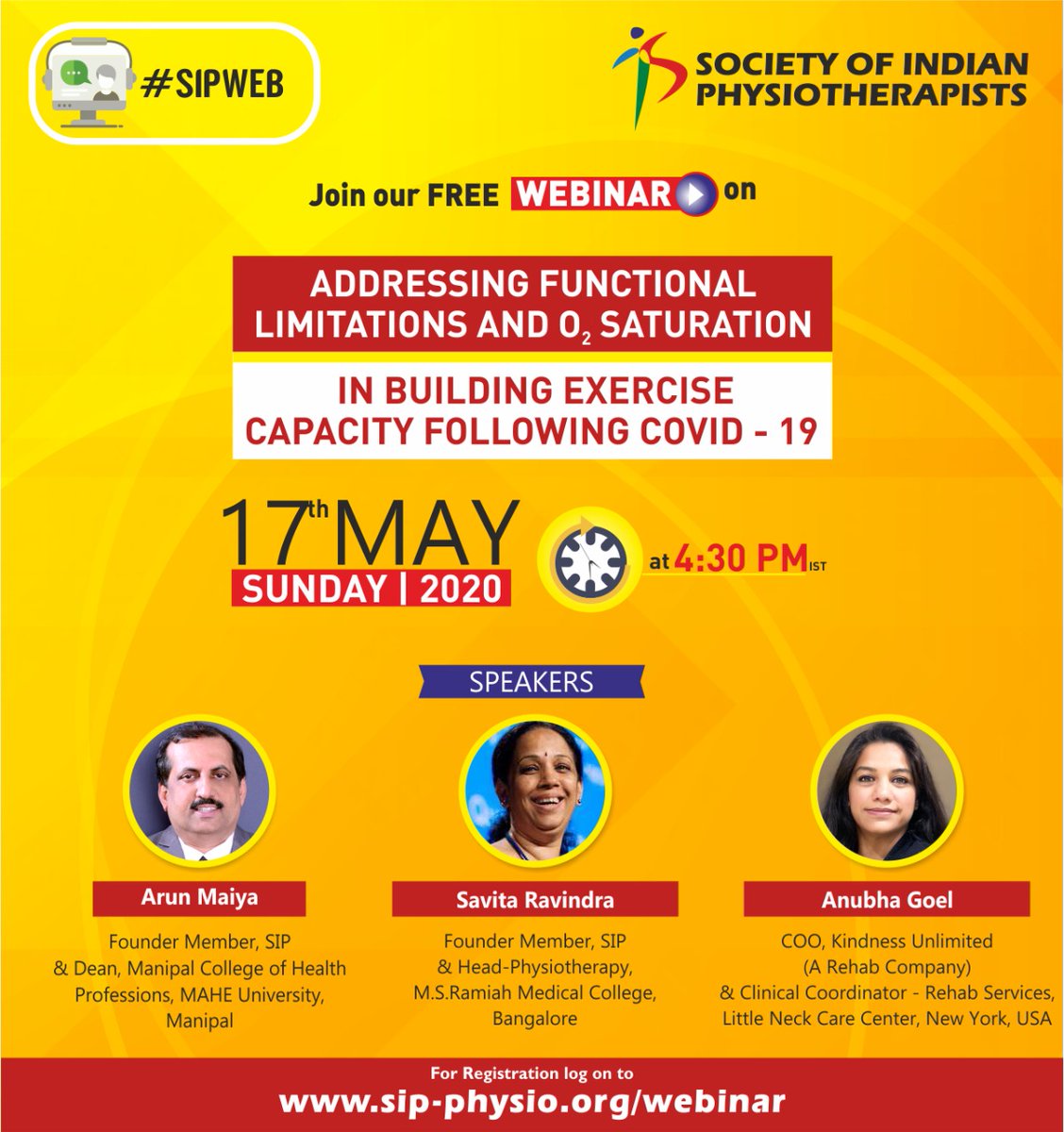 PtMchp's tweet photo. Dr Arun Maiya, Professor @PtMchp and Dean, @MCHP_MAHE will be addressing functional limitations and O2 saturation in building exercise capacity following COVID19, a free webinar organized by @SIP_Physio on May 17, 2020. #SIPWEB @ManipalUni @maiya_dr https://t.co/ucfXkGJ484