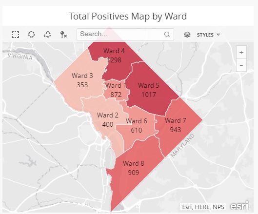 Illustration map of DC eight ward positive coronavirus cases. Ward 1 has 872 cases, ward 2 has 400 cases, ward 3 has 353 cases, ward 4 has 1298 cases, ward 5 has 1017 cases, ward 6 has 610 cases, ward 7 has 943 case, ward 8 has 909 cases.