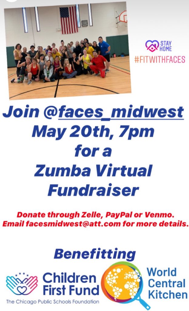 Join us for Zumba Virtual Fundraiser on May 20th, 7pm to support students and families impacted by COVID-19. Donate ($5 min) through Zelle, PayPal, or Venmo.  Email us at facesmidwest@att.com to receive confirmation and Zoom link or for more info.  #fitwithfaces #interFACES