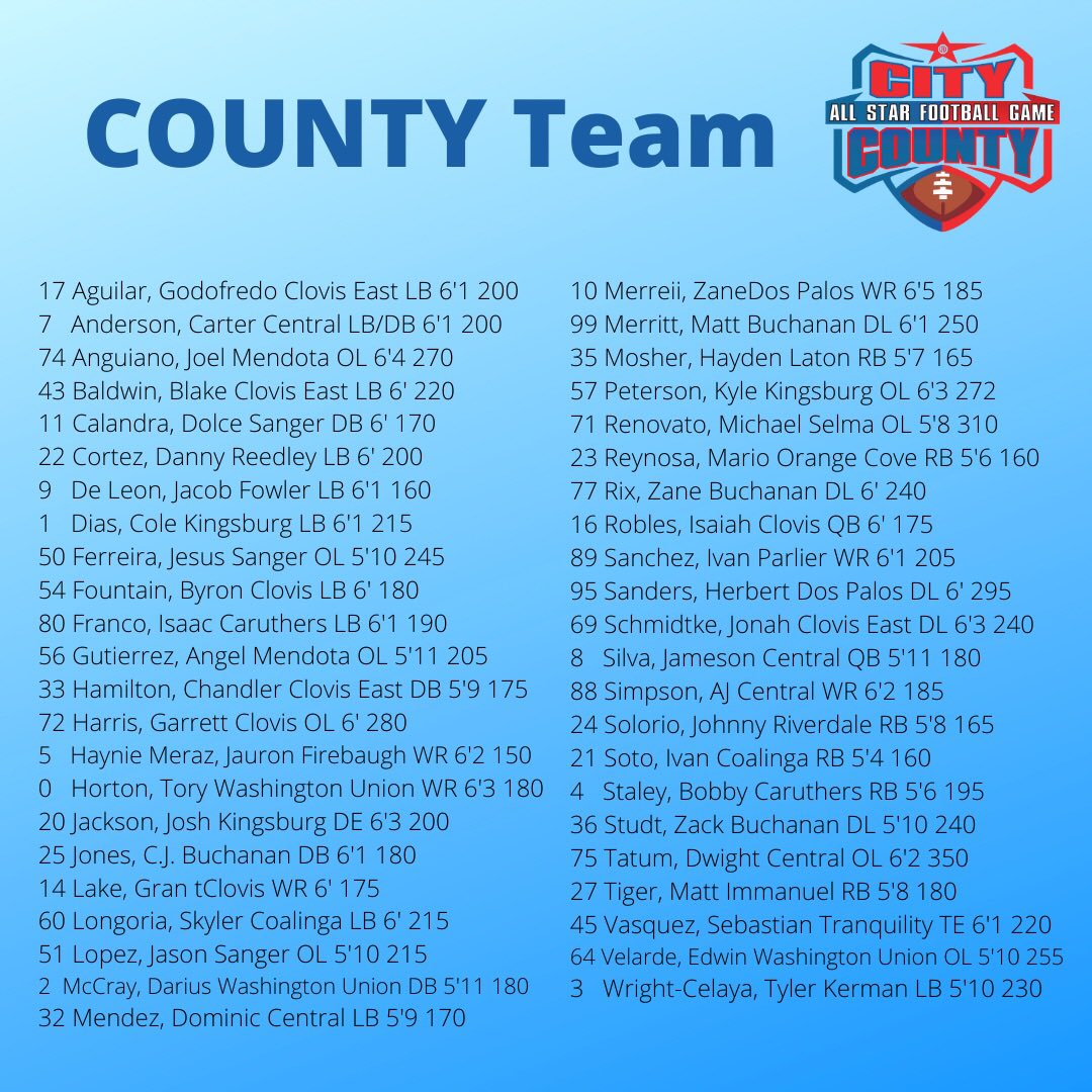 ccallstarfresno's tweet photo. In light of Covid-19 and the cancellation of the 66th Annual City County All-Star Football game, we want to honor the players and post the teams that were selected. #gocounty #countypride #county #allstars #citycountyallstargame https://t.co/Jqh00U1DIz