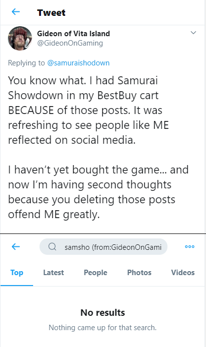 The official Samsho twitter made a small concession yesterday which resulted in 90% of the people who appreciated their tweets to turn and start harassing tf out of them & me, which to me says the audience they cultivated was not great, loyal, or even customers of their product.