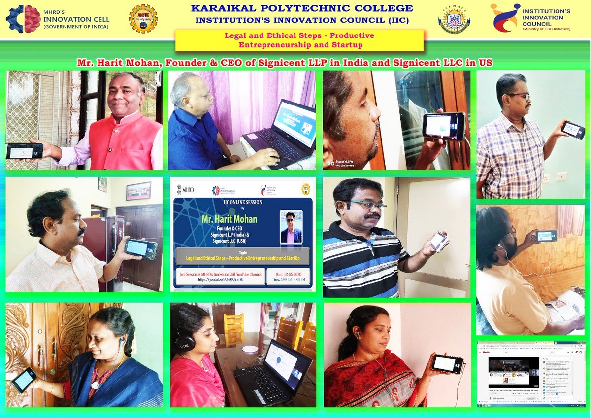 drsandanasamy's tweet photo. Attended an interesting #IIC_Online_sessions by @mhrd_innovation cell with the #KPTC fraternity on"Legal &amp; Ethical Step -Productive Entrepreneurship &amp; Startup" by Mr Harit Mohan, Founder &amp; CEO of @Signicent LLP in India &amp; LLC in US.@HRDMinistry @AICTE_INDIA #mhrdindia #mhrd https://t.co/3IDgrtK2Fz