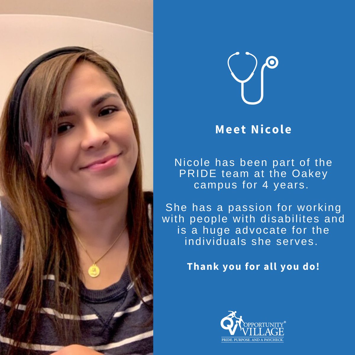 OppVillageLV's tweet photo. Meet Nicole!π She has a passion for working with people with disabilities and is an advocate for the individuals she serves. Nicole has been a nurse for 16 years and with OV for 4 years. Thank you Nicole π #NationalNursesWeek
#OVCares #InsideWithOV https://t.co/DSOSRNULxv